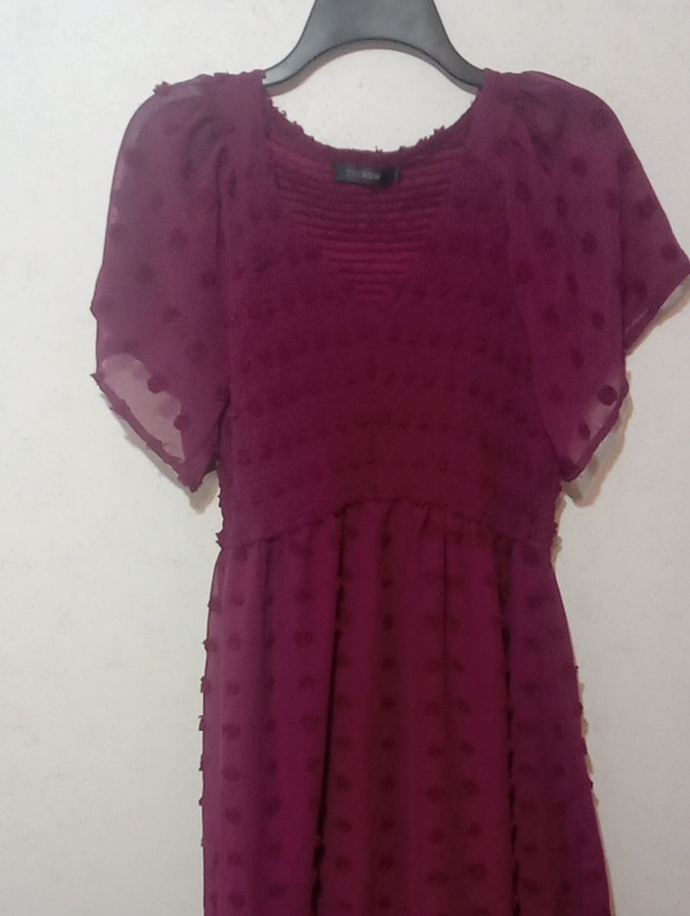 Plum Textured Midi Dress with Puff Sleeves